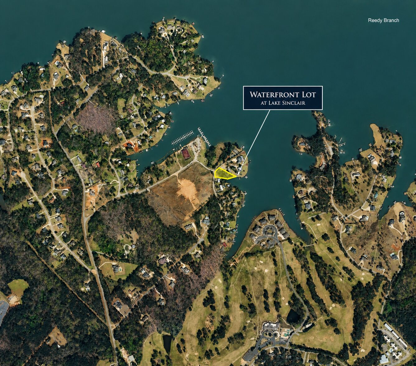 Aerial map highlighting the waterfront lot at Lake Sinclair near Reedy Branch